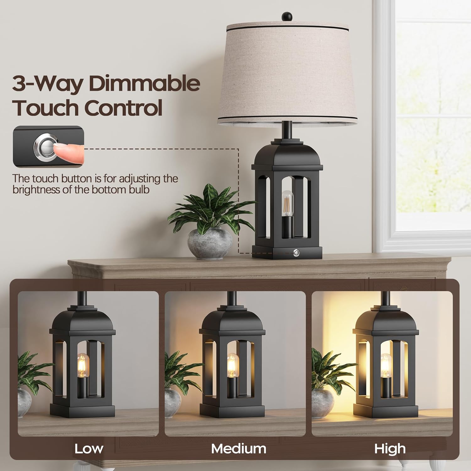 QiMH Table Lamp for Living Room, Farmhouse Lamps Set of 2 with USB A+C and Nightlight, 26" Rustic Bedside Lamps with 3-Way Dimmable Touch Control, Nightstand Lamp for Bedroom Decor, Black - Image 2