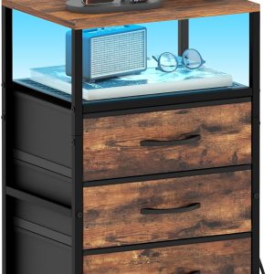Night Stand with Charging Station, 11" D x 15" W Nightstand with LED Light, Bedside Table with Fabric Drawers, Side Table with Open Shelf for Bedroom, Rustic Brown