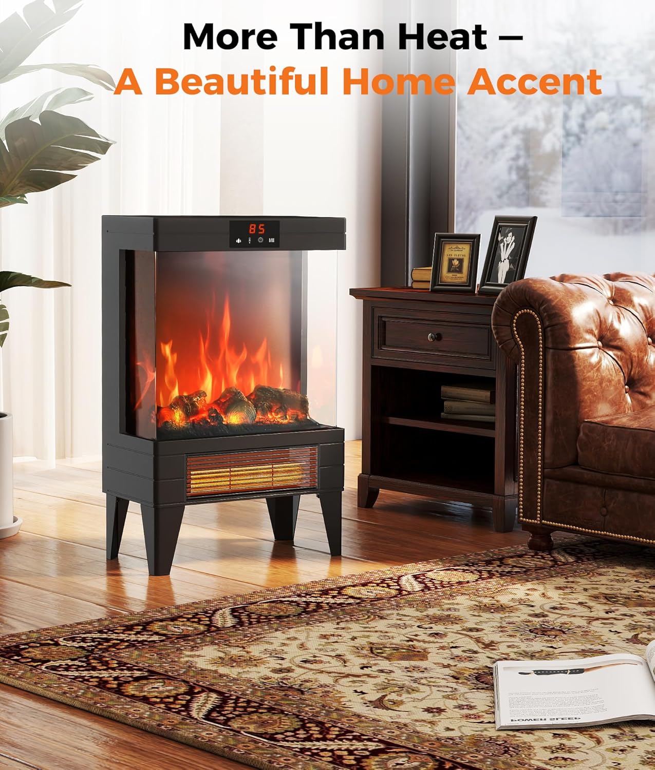 Electric Fireplace Stove Heater - Freestanding Fireplace Heater for Indoor Use with Realistic 3D Flame, Adjustable Thermostat & Remote, Quiet, Timer for Living Room and Bedroom - Image 9