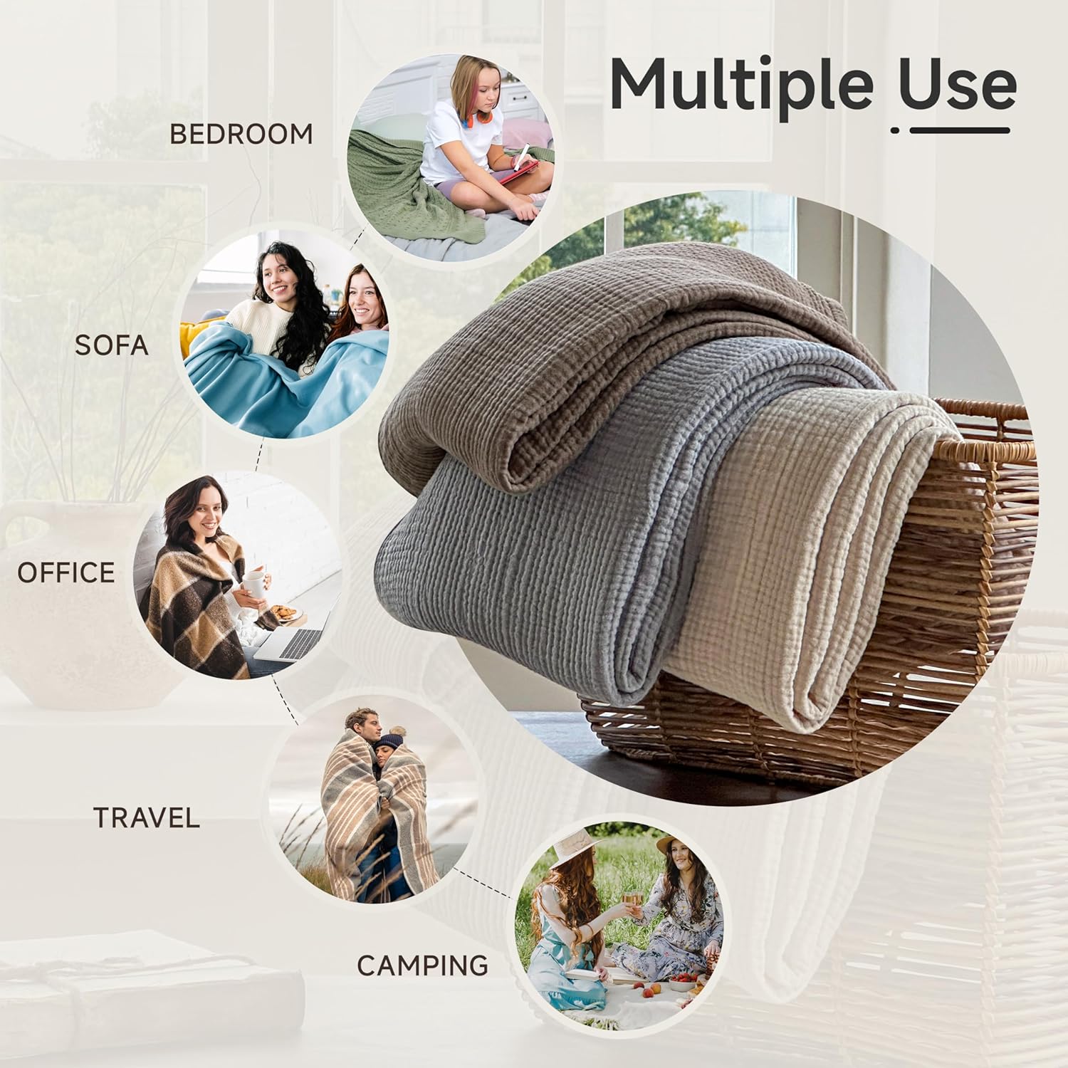 Simple&Opulence 100% Cotton Muslin Blanket King Size, Lightweight Breathable 4 Layering Gauze Blanket for Bed Couch Camping, Soft Bedspread Coverlet All-Season Use (Coffee, 104" x 92") - Image 6