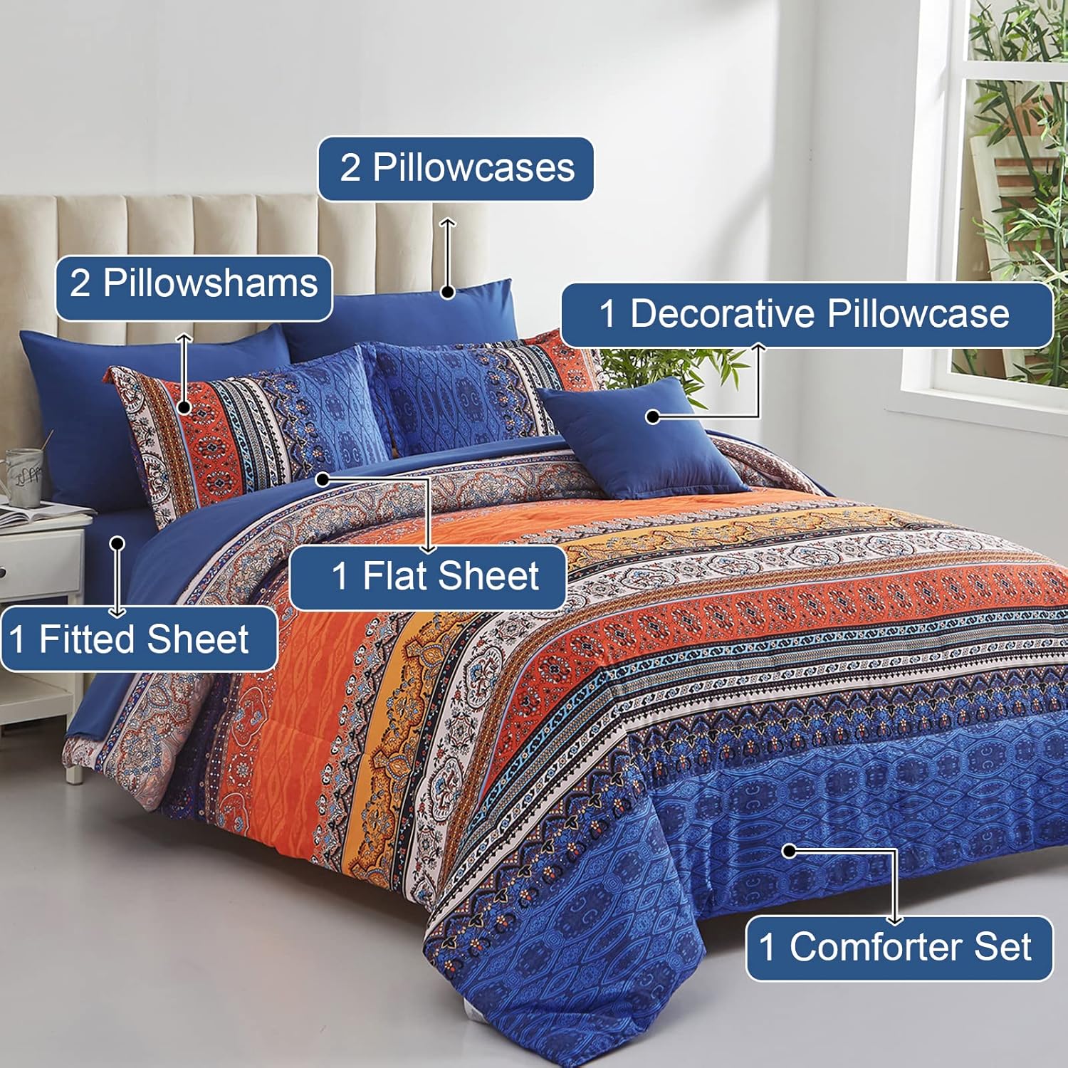 Cottolester Boho Comforter Set King Size 8 Piece Bed in a Bag Burnt Orange Paisley Fall Comforter and Sheet Set Bohemian Striped Bedding Set,Soft Microfiber Complete Bedding Set - Image 2