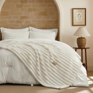 Bedsure Gentlesoft 2-in-1 Queen Comforter Set and Detachable Fluffy Blanket, Cream White Bedding Set for All Season Use, SnapTech Design for Space Saving (Includes 2 Pillow Shams, 2 Pillowcases)