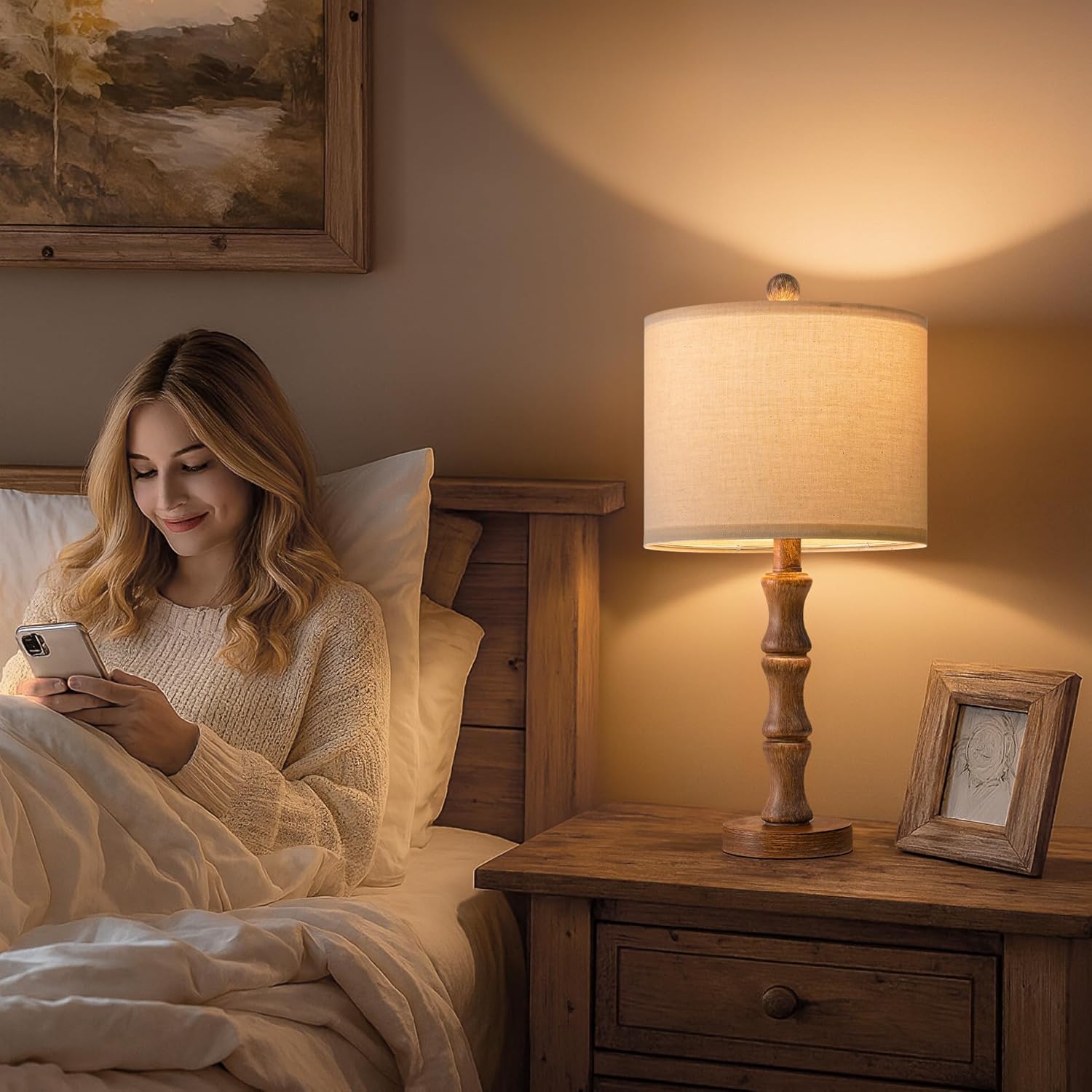 BOBOMOMO 20.5" Rustic Table Lamps Set of 2, Farmhouse Nightstand Lamp with Wood Grain Resin Base & Linen Shade, Small Bedside Lamp for Bedroom, Living Room & Apartment Décor- Ideal for Small Spaces - Image 5