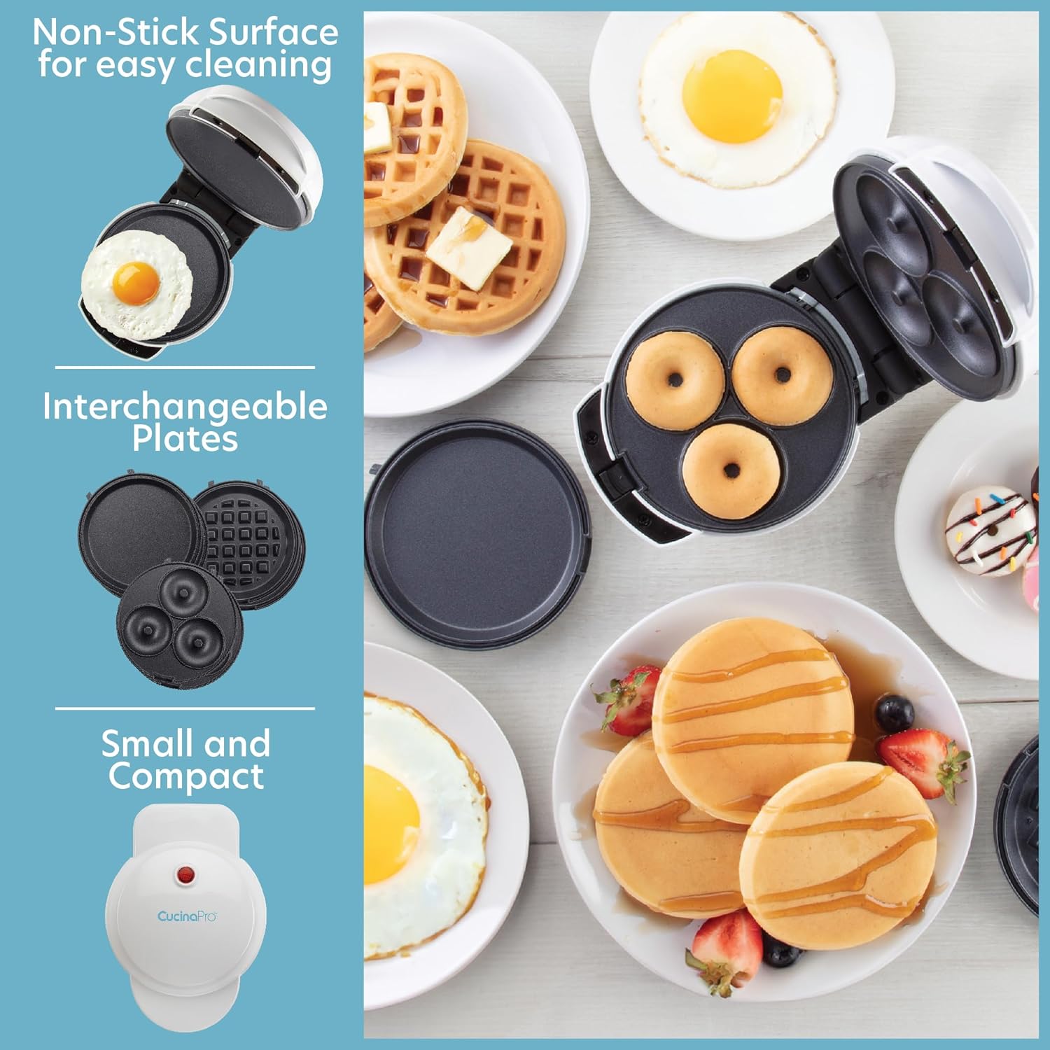 3 in 1 Mini Breakfast Maker- Make Mini Waffles Donuts Pancakes or Eggs all in 1 Multi Use Appliance- Easily Swap & Clean Interchangeable Griddle Plates- Small Electric Nonstick Holiday Baker Xmas Gift - Image 2