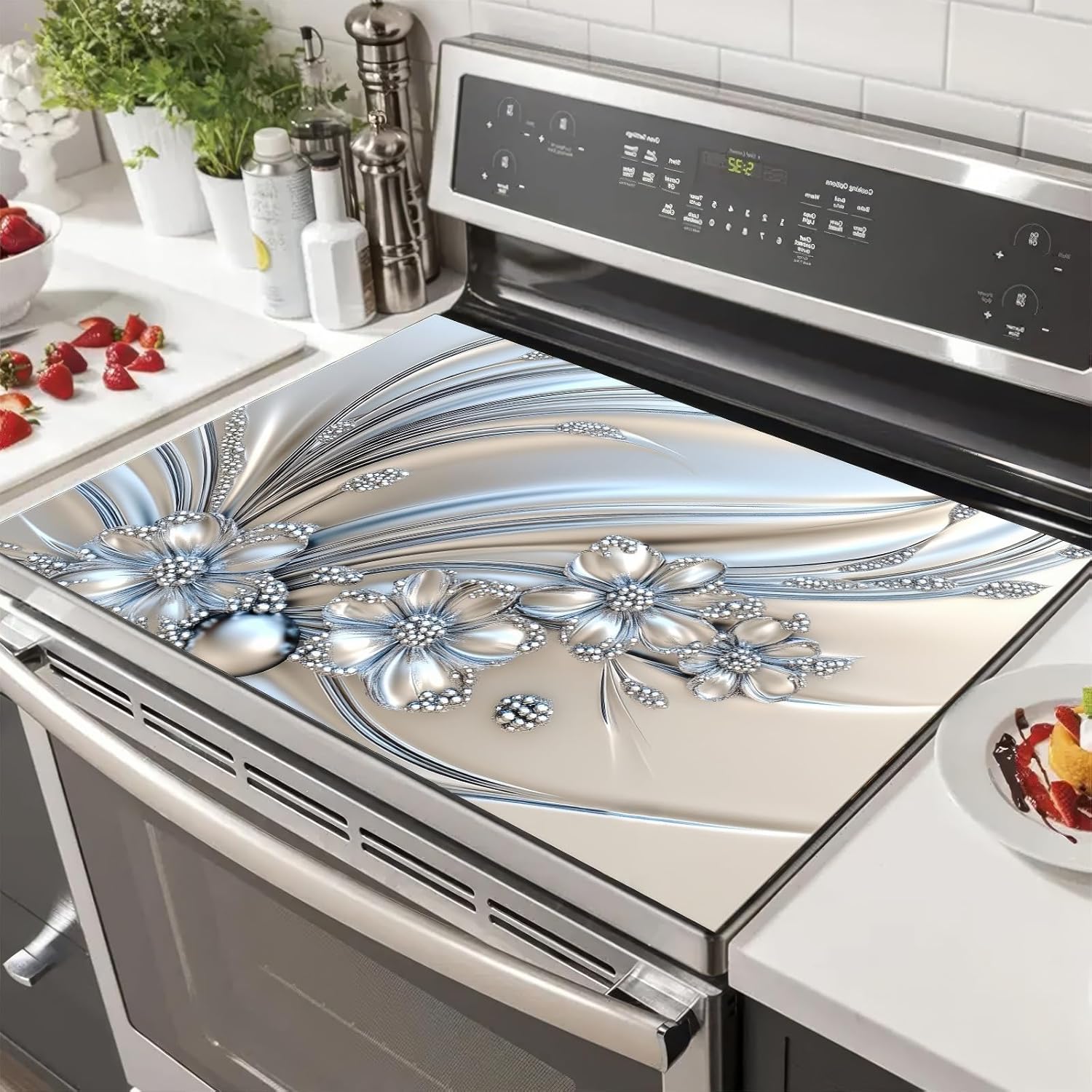 Silver Flowers Stove Top Cover for Electric 28 x 20 inches Pad Silver Flora Kitchen Decorations offee Bar Mats Pad for Stove Top, Dishes, Utensils, Countertops, Sinks
