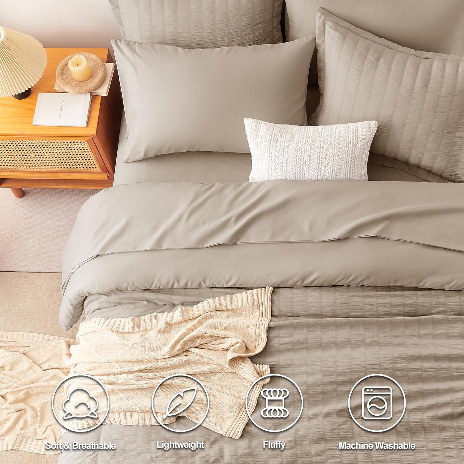 CozyLux Queen Comforter Set Khaki Seersucker 7 Pieces Bed in a Bag Queen Comforter Set with Sheets, Luxury Soft Bedding Set with Down Alternative Comforter, Sheets, Pillowcases & Shams for All Seasons - Image 2