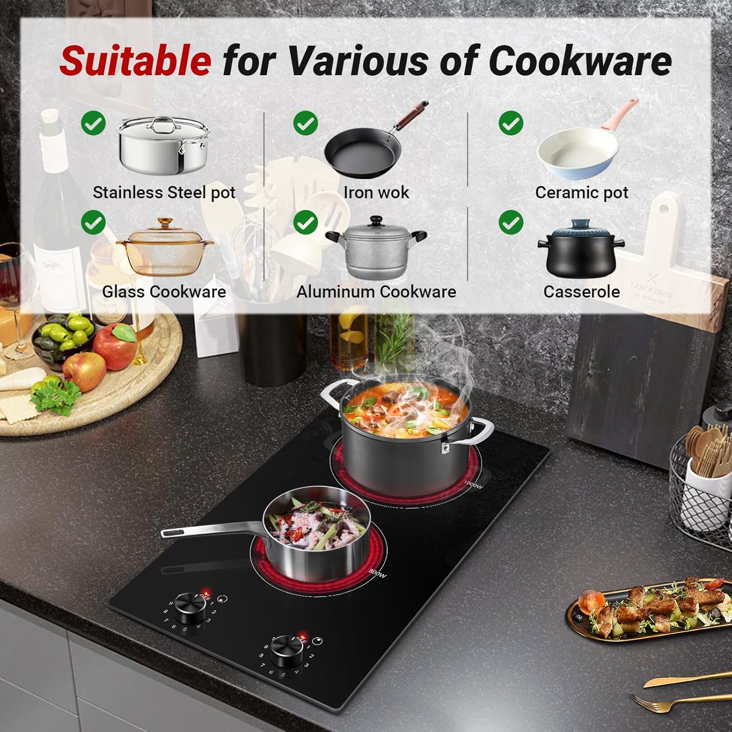 AMZCHEF 12Inch 2 Burner Electric Cooktop, 1800W/11Levels 2 Burners Stove Top With Knob Control Countertop & Built-in Radiant Electric Stove with Residual Heat Indicator - Image 5