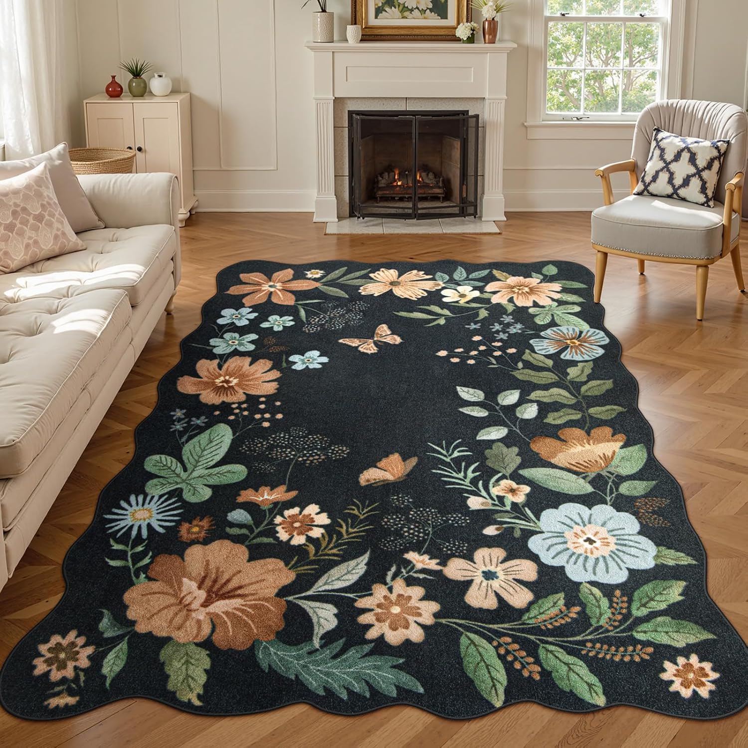 Lahome Floral Rugs for Living Room, 5x7 Area Rugs Ultra-Thin Soft Washable Rug, Non-Slip Bedroom Rug Stain Resistant Lightweight Boho Low-Pile Throw Carpet for Dining Room Office (5x7ft,Black/Grey)