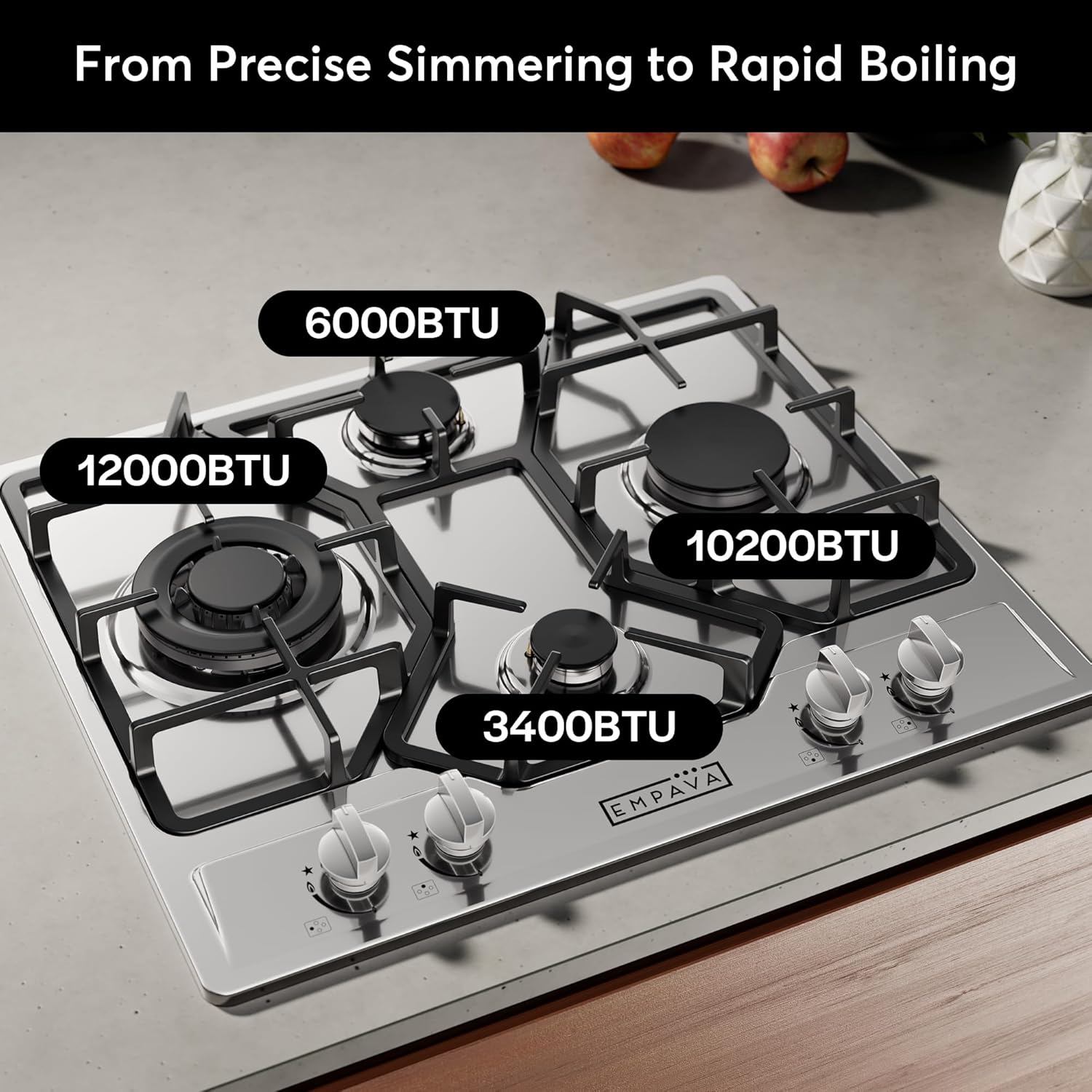 Empava 24" Gas Stove Cooktop 4 Italy Sabaf Sealed Burners NG/LPG Convertible in Stainless Steel, 24 Inch - Image 3