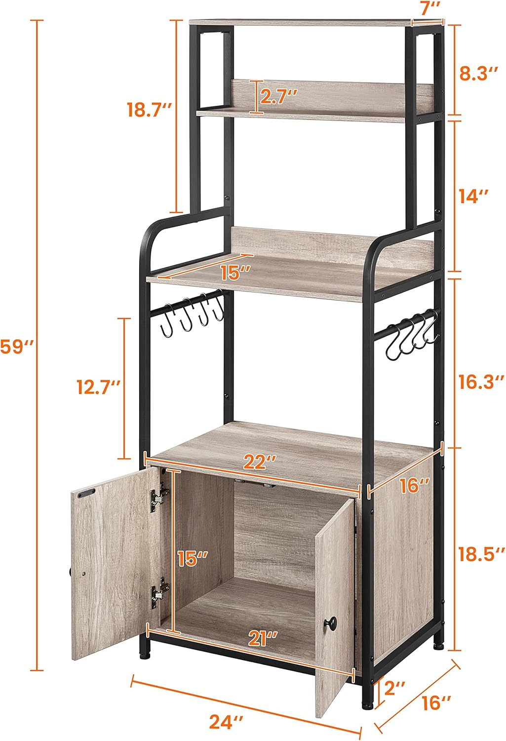 Yaheetech 4-Tier Kitchen Bakers Rack with Storage Cabinet and Hutch, Microwave Oven Stand Coffee Bar Pantry Cabinet with 8 S Hooks, Freestanding Kitchen Shelves Spice Rack, Gray - Image 2