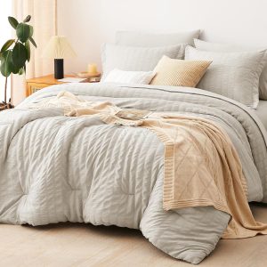CozyLux King Size Comforter Set Beige Seersucker 7 Pieces Bed in a Bag King Comforter Set with Sheets, Luxury Soft Bedding Set with Down Alternative Comforter, Sheets, Pillowcases & Shams All Seasons