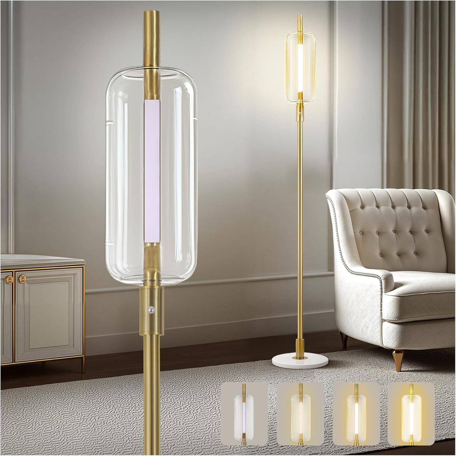 LED Light Strip 6W 24V Glass Floor Lamps for Living Room, Modern Tall Lamp with Glass Lampshade Touch Switch, Marble Base, 64″ Stepless Dimmable Standing Floor Lamp for Bedroom Office