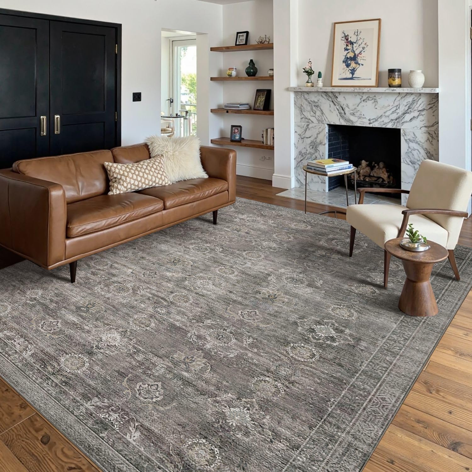 Area Rugs 5×7 for Living Room Bedroom, Grey Washable Rug, Vintage Retro Boho Rug, Non Slip & Low Pile Faux Wool Thin Carpet for Indoor Dining Room, Dorm and Kids Room(Taupe/Grey 5x7ft)