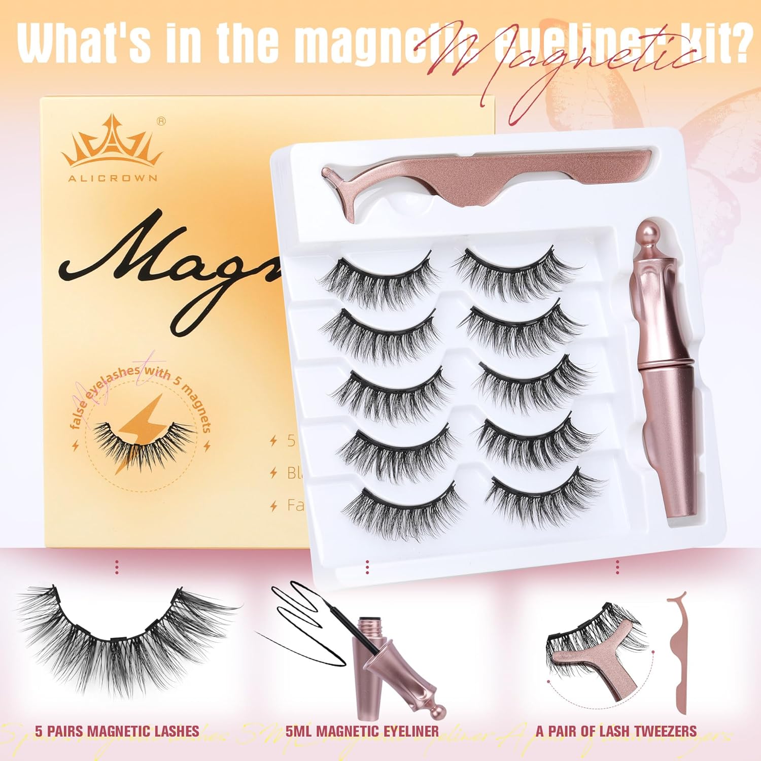 Magnetic Eyelashes with Eyeliner Natural Look Magnetic Lashes with Applicator No Glue Needed Cat Eye Lash Wispy Magnet Lash 5 Pairs with Magnet Eyeliner - Image 2