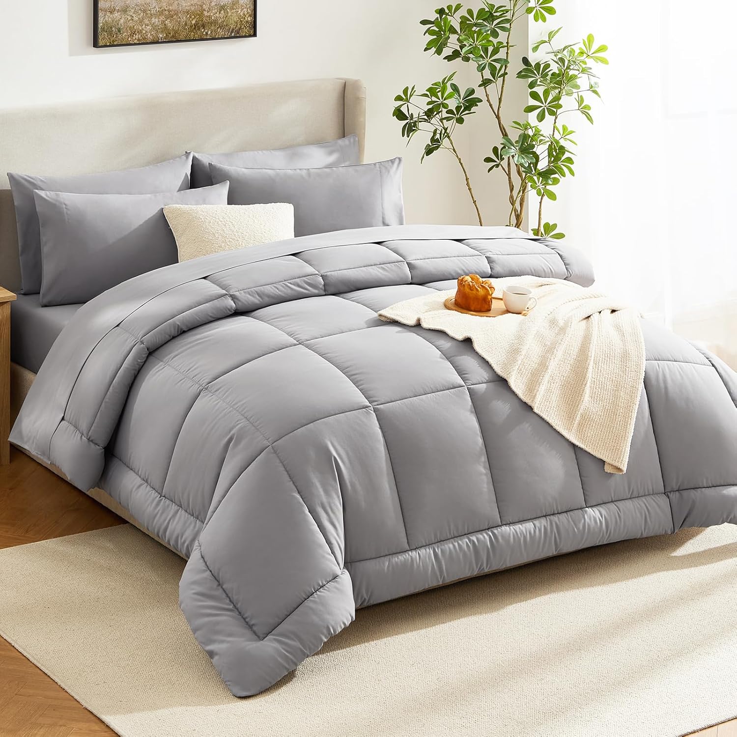 CozyLux Queen Comforter Set Grey, 7 Pieces Bed in a Bag, Gray Comforter Queen Size, All Season Bedding Sets with Stitch Quilted Comforter, Flat Sheet, Fitted Sheet, Pillowcases - Image 8