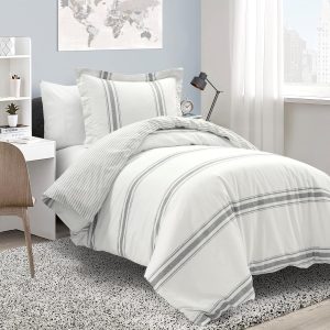 Lush Decor Farmhouse Stripe Reversible Cotton Duvet Cover Twin XL Size 2 Piece Set Dark Gray - Twin XL Bedding Set - Striped Duvet Cover - Dorm Essentials