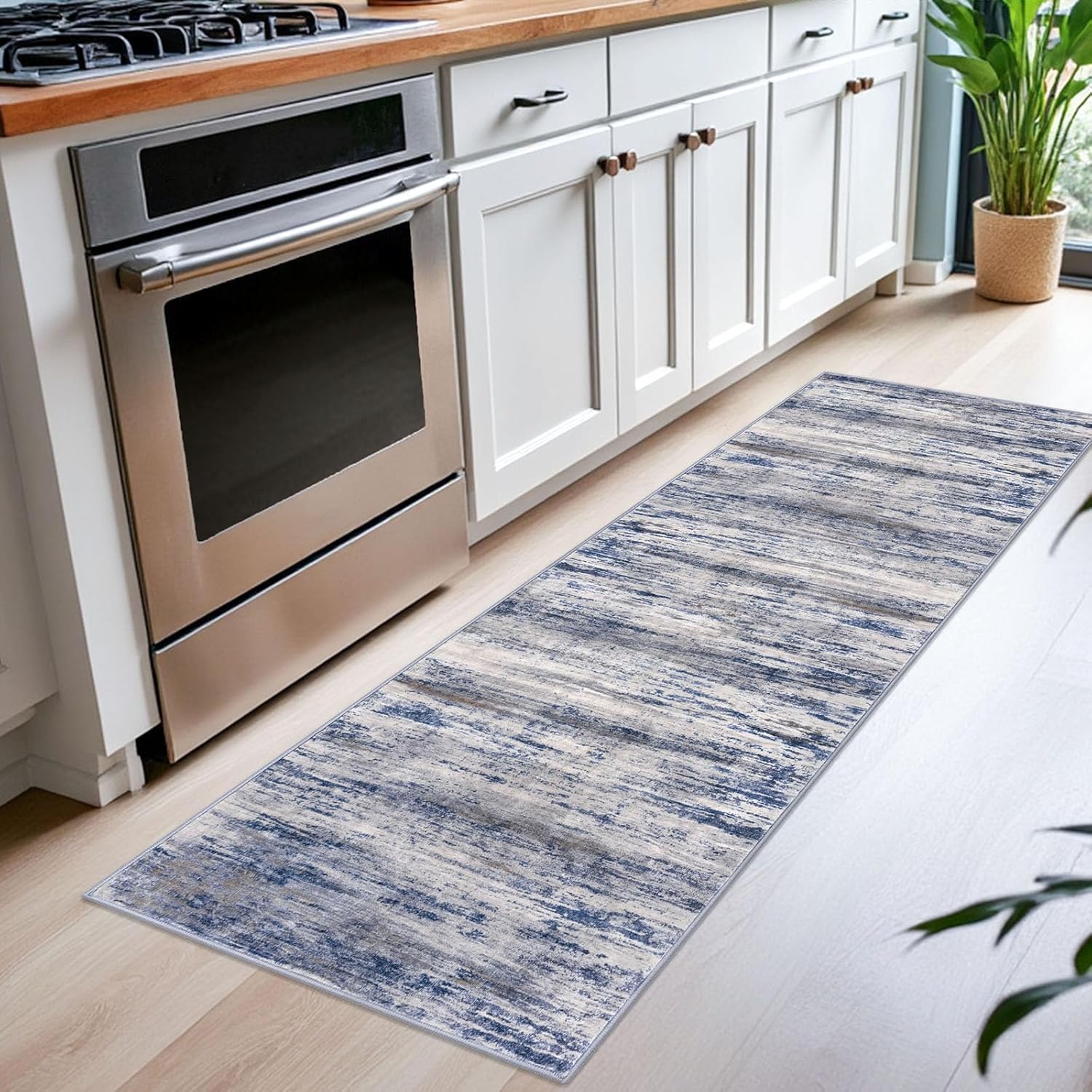 KOZYFLY Modern Abstract Washable Rug Runner 2x6 Runners for Hallways Non-Slip Soft Kitchen Runner Rugs, Print Grey-Blue Striped Carpet Runner for Entryway Bathroom Laundry Room Foyer - Image 4