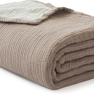 Simple&Opulence 100% Cotton Muslin Blanket King Size, Lightweight Breathable 4 Layering Gauze Blanket for Bed Couch Camping, Soft Bedspread Coverlet All-Season Use (Coffee, 104" x 92")