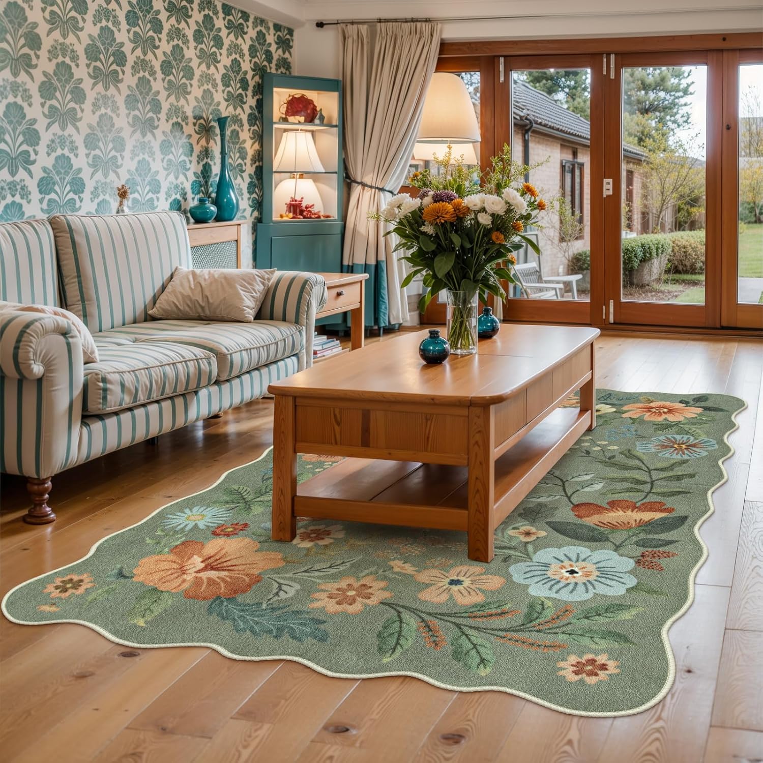 Lahome Floral Living Room Rugs, Area Rugs 5x7 Rug for Bedroom Ultra-Thin Soft Rug, Non-Slip Washable Rugs Stain Resistant Boho Low-Pile Throw Carpet for Dining Room Office (5x7ft,Green) - Image 2