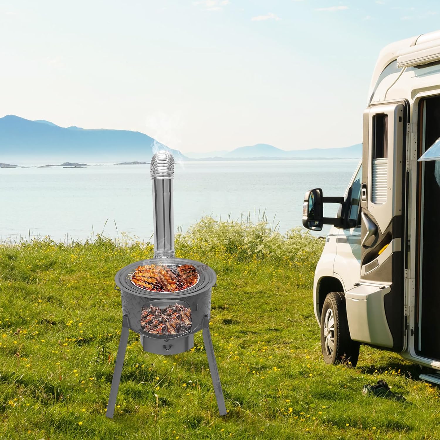 Portable Wood Burning Rocket Stove with Chimney Pipe, Heavy Duty Steel Camping Stove with Grill for Tent Heating & Outdoor Cooking for Camping, Hunting, Ice Fishing - Image 4