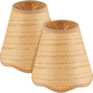 2 Pcs Chandelier Lamps Shade Small Scalloped Lampshade Rattan 3" Top x 6" Bottom x 5-1/4" Slant Height Empire Brown Woven Lamp Shade Clip on Chandelier Candle Wall Sconce Accent Lamp(Boho)