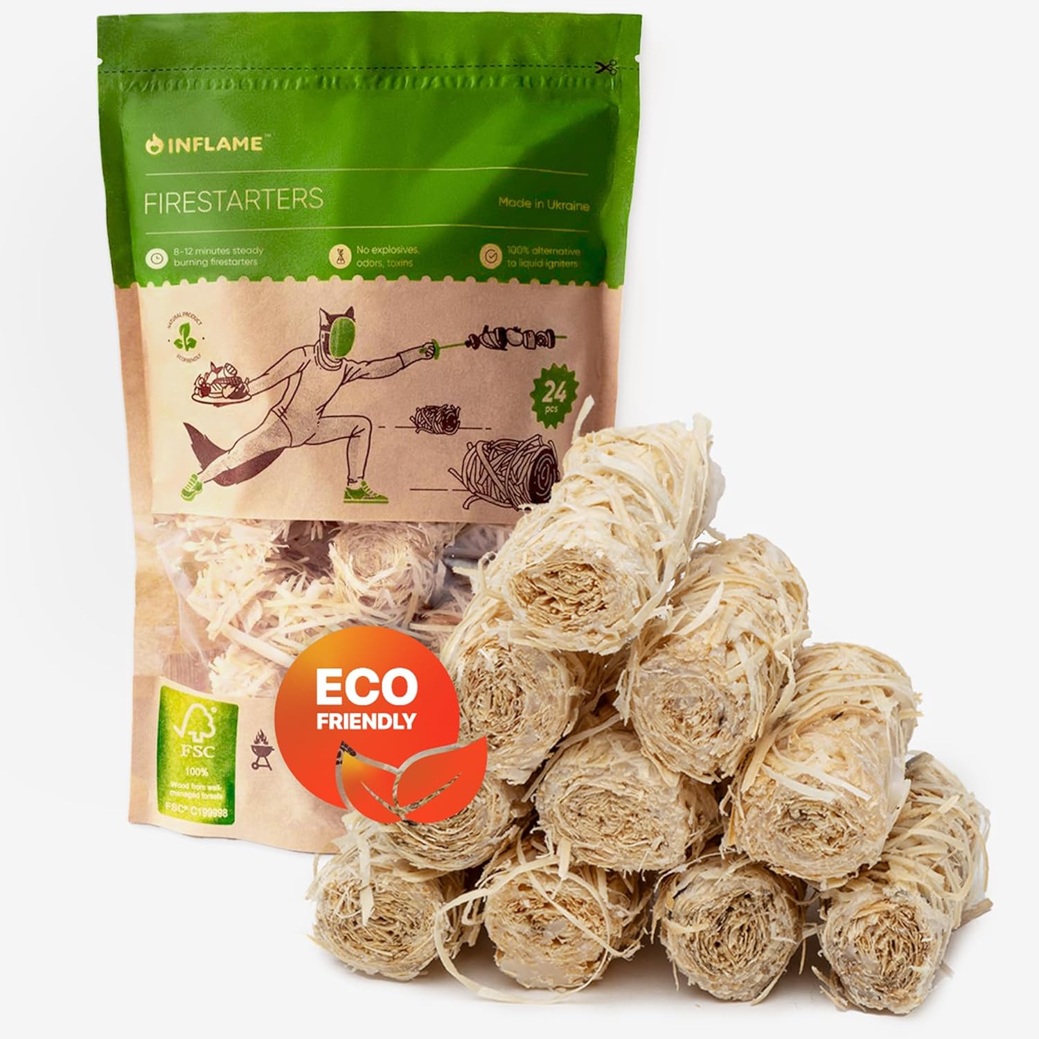 Inflame Fire Starters for Campfires, Grill, BBQ, Fireplace, Woodstove – Charcoal Starter – Waterproof, Weather-Resistant – Natural Wood Fireplace Starters – 24 pcs