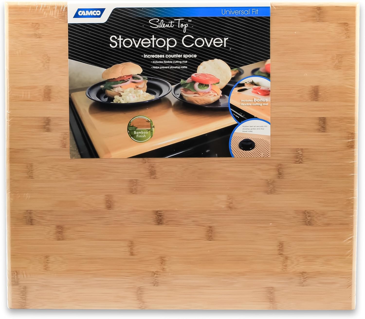 Camco Silent Top RV Stovetop Cover – Features Natural Bamboo Design w/Non-Toxic Protective Finish & 4 Non-Slip Rubber Feet – Fits Most 3 or 4 Burner RV Stoves – Measures 19.5” x 17” x .75” (43571)
