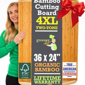 FSC® Certified 36 x 24 Inch Extra Large Bamboo Cutting Board with Lifetime Replacements – 4XL Butcher Block, Oversized Carving & Charcuterie Board, Stovetop Cover for Kitchen Counter Space