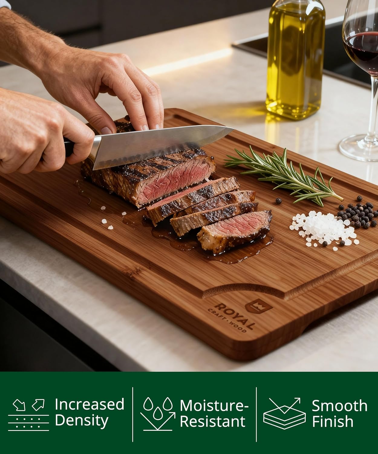 ROYAL CRAFT WOOD Wooden Cutting Boards for Kitchen Meal Prep & Serving - Bamboo Wood Serving Board Set with Deep Juice Groove Side Handles - Charcuterie & Chopping Butcher Block for Meat (3 Pcs) - Image 5