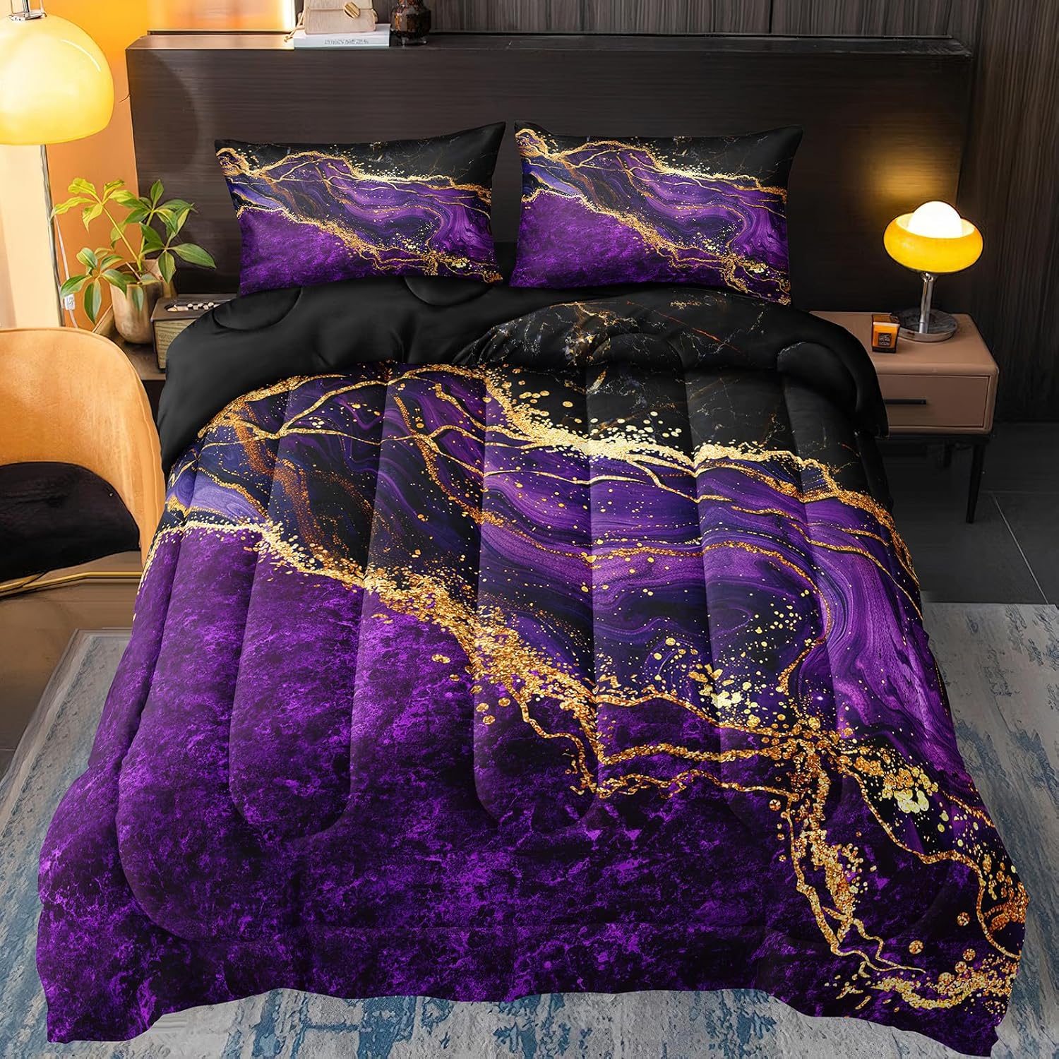 Black Gold Comforter Set Purple Marble Bedding Set King Size Black Marble Stone Abstract Artwork Bedroom Decor Black Marble Comforter Sets for All Season - Image 9