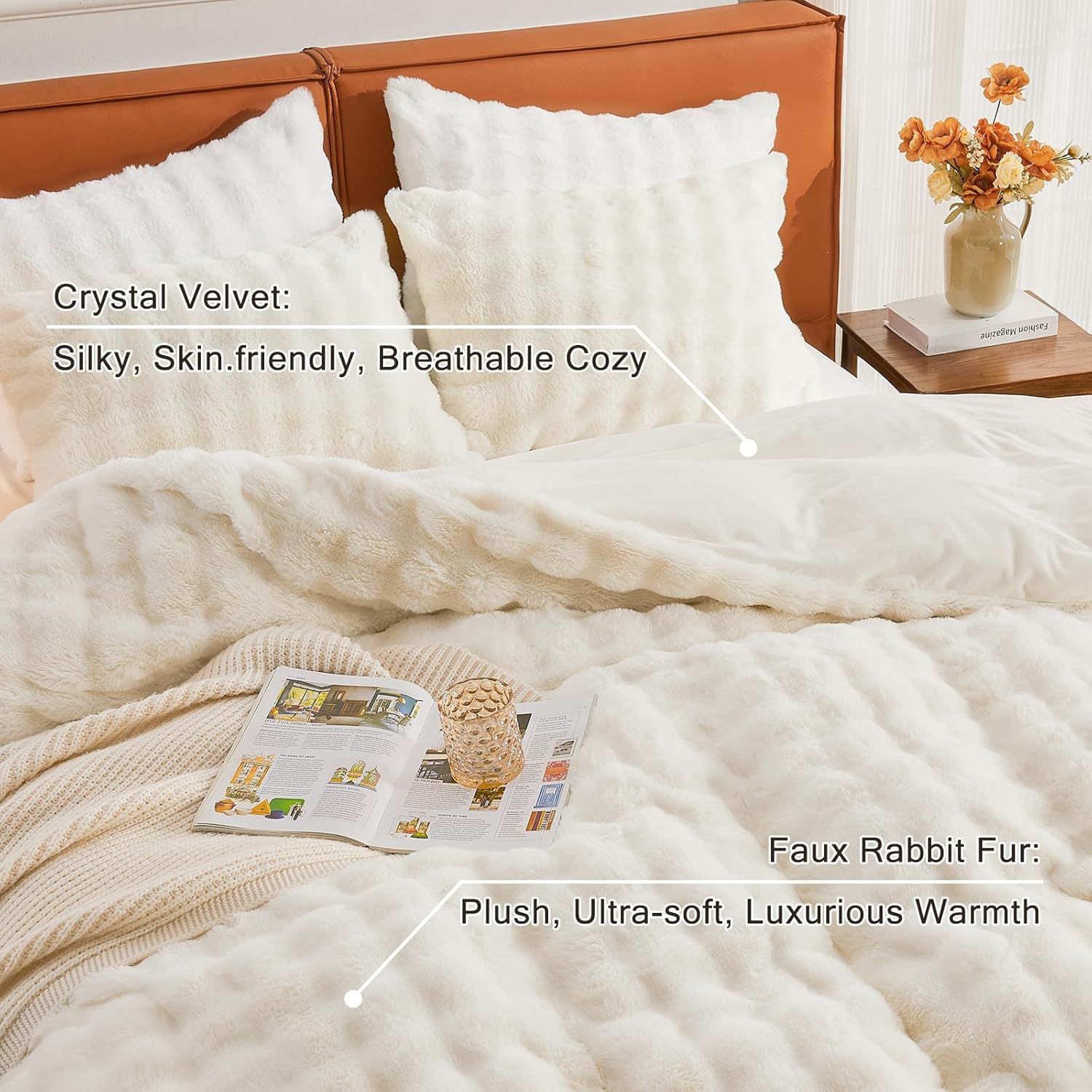 EMME Faux Fur Duvet Cover Queen Size, 3 Pieces Ultra Soft Fluffy Comforter Cover, Cozy Warm for Winter, Luxury Elegant Shaggy Bubble Design Bedding, 1 Duvet Cover & 2 Pillow Shams (Queen, Cream White) - Image 3
