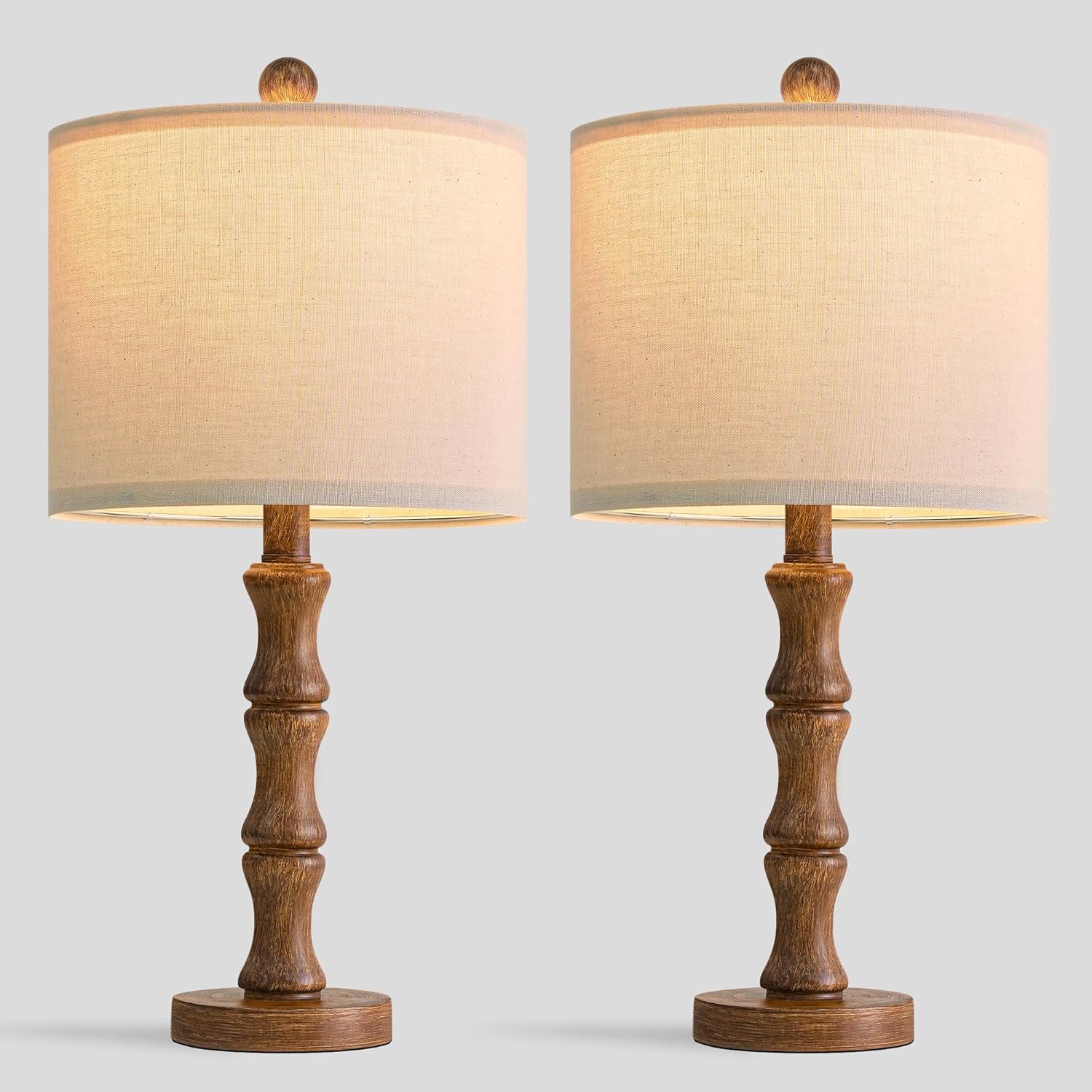 BOBOMOMO 20.5" Rustic Table Lamps Set of 2, Farmhouse Nightstand Lamp with Wood Grain Resin Base & Linen Shade, Small Bedside Lamp for Bedroom, Living Room & Apartment Décor- Ideal for Small Spaces - Image 8