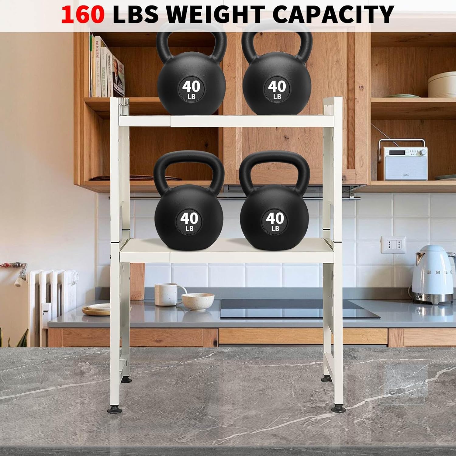 Expandable Microwave Stand Countertop, 3 Tier Heavy Duty Over Microwave Shelf Countertop with 4 Hooks, Height Adjustable Metal Microwave Oven Rack Shelf for Kitchen Tabletop,Holds 160lb,White - Image 5