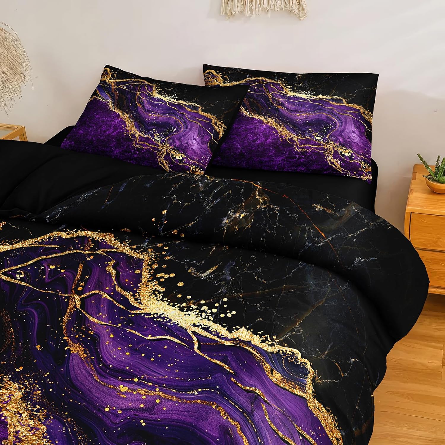 Black Gold Comforter Set Purple Marble Bedding Set King Size Black Marble Stone Abstract Artwork Bedroom Decor Black Marble Comforter Sets for All Season - Image 5
