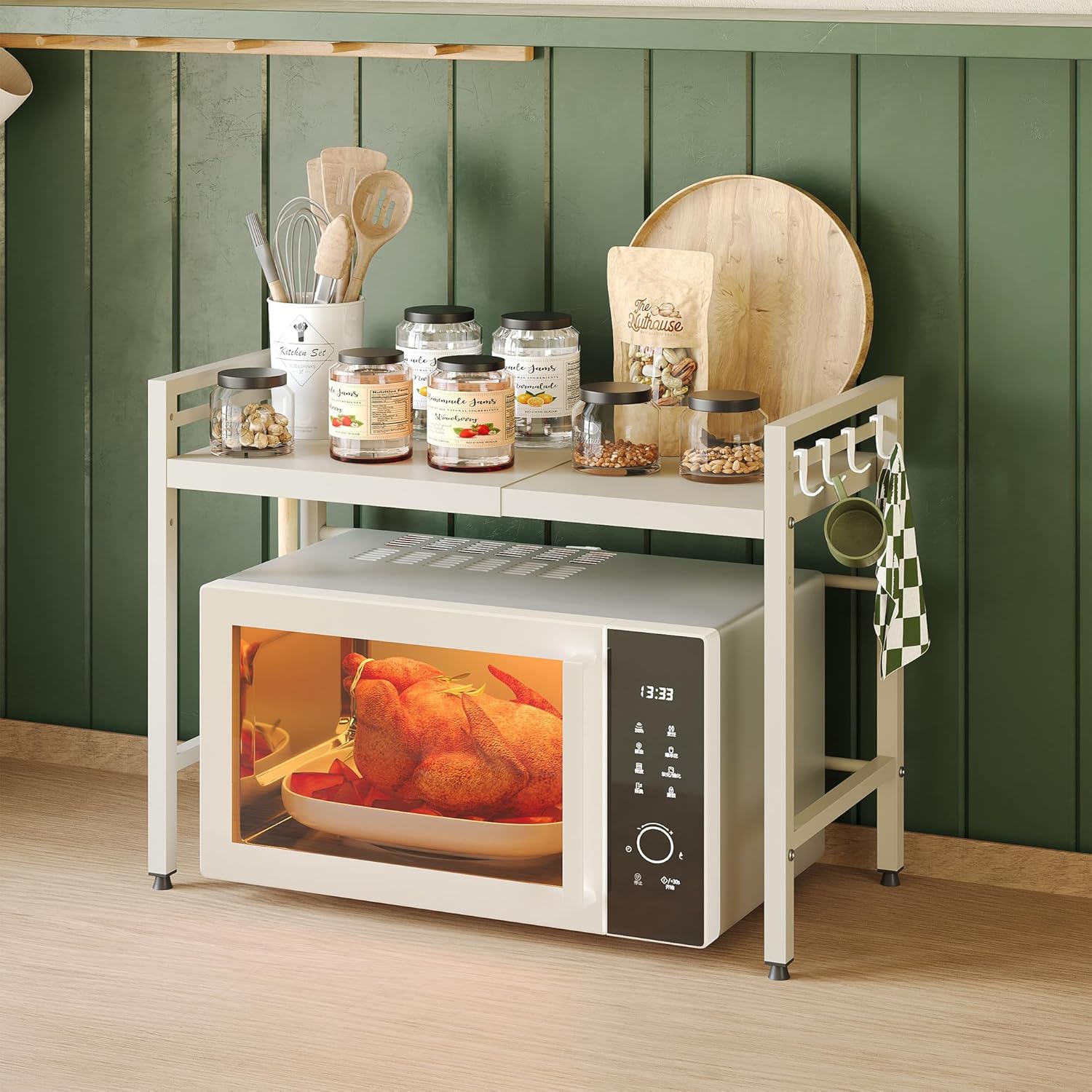 NETEL Expandable Microwave Stand,2 Tier Metal Kitchen Countertop Organizer Shelves with 8 Hooks,Bakers Rack,Microwave Shelf,Microwave Oven Rack,55lbs Weight Capacity - Image 2