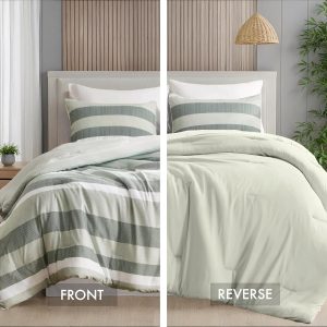 King Comforter Set, 3 Pieces Striped Bed Set, Soft Brushed Microfiber Reversible Bedding Set for All Season, Lightweight & Breathable Bedding Set with Comforter & Shams, Sage Green