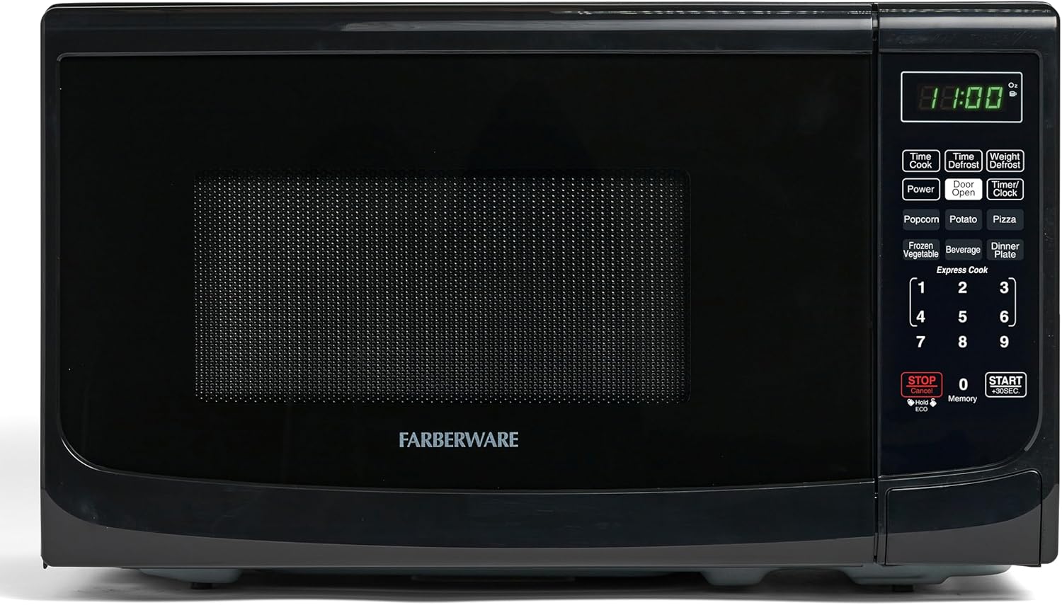 Farberware 0.7 Cu. Ft. Countertop Microwave Oven – 700 Watts Power, Auto Cook Settings, Defrost, Easy Clean and Child Safety Lock – Black