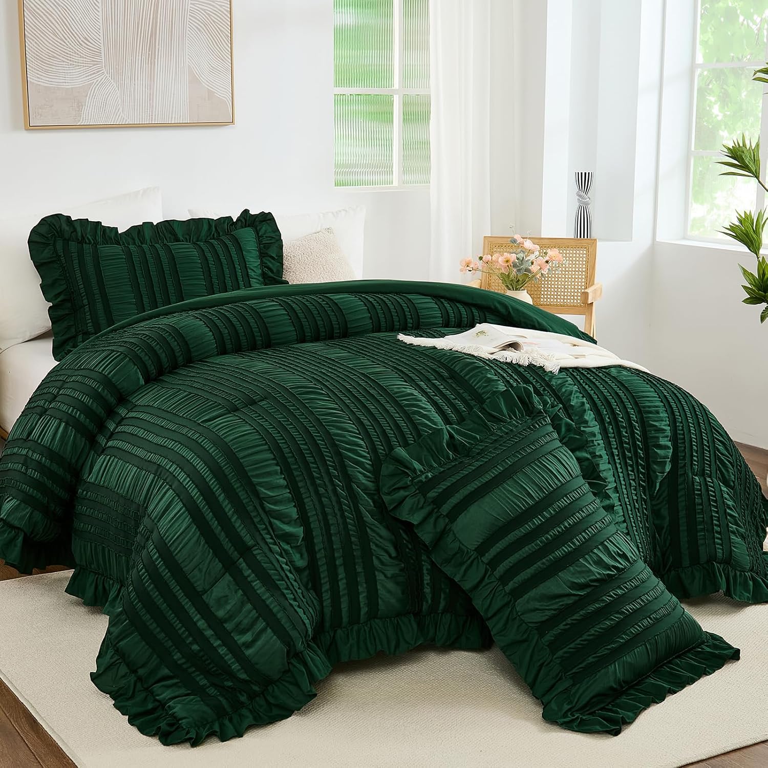 WONGS BEDDING Queen Size Comforter,Christmas Emerald Green Boho Comforter Set Queen,Shabby Chic Bedding Set for Bed, 3 Pieces Soft Lightweight Farmhouse Comforter for All Season 90"×90" - Image 9
