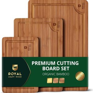 ROYAL CRAFT WOOD Wooden Cutting Boards for Kitchen Meal Prep & Serving - Bamboo Wood Serving Board Set with Deep Juice Groove Side Handles - Charcuterie & Chopping Butcher Block for Meat (3 Pcs)