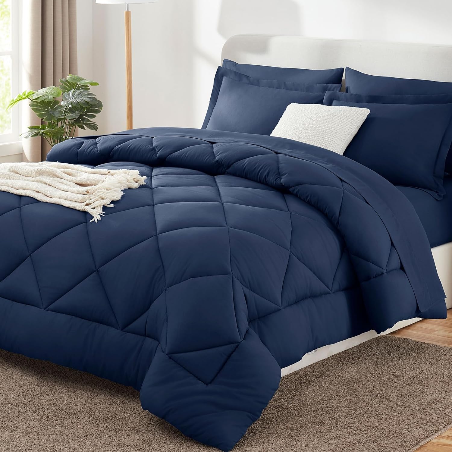 CozyLux Queen Comforter Set Navy Blue – Bed in a Bag Queen Size 7 Pieces, Luxury Soft Bed Set for All Seasons, Bedding Set with Down Alternative Comforter, Sheets, Pillowcases & Shams
