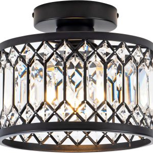 Crystal Ceiling Light Fixture, Modern Semi Flush Mount Ceiling Light,Crystal Chandelier for Kitchen Bedroom Bathroom Entryway Black (Bulb not Included)