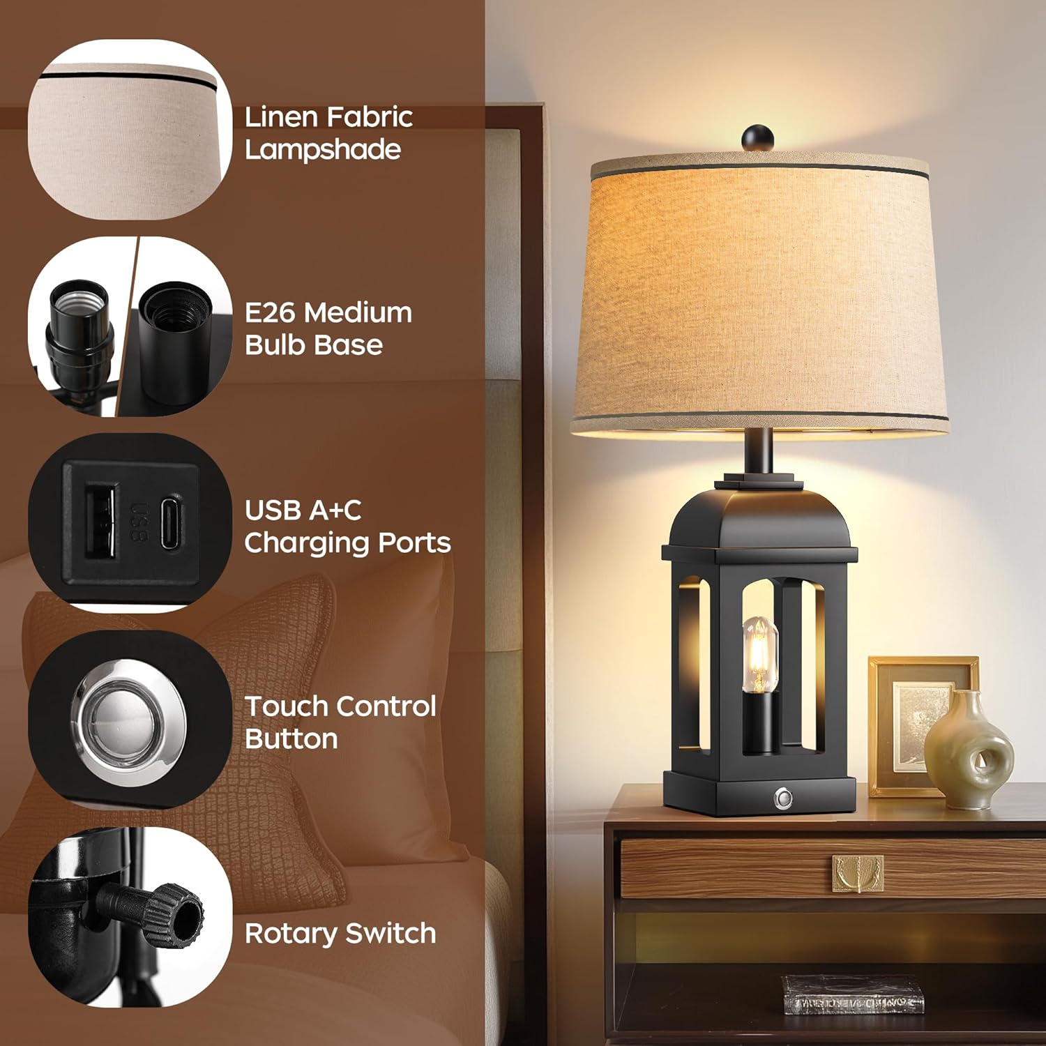 QiMH Table Lamp for Living Room, Farmhouse Lamps Set of 2 with USB A+C and Nightlight, 26" Rustic Bedside Lamps with 3-Way Dimmable Touch Control, Nightstand Lamp for Bedroom Decor, Black - Image 7