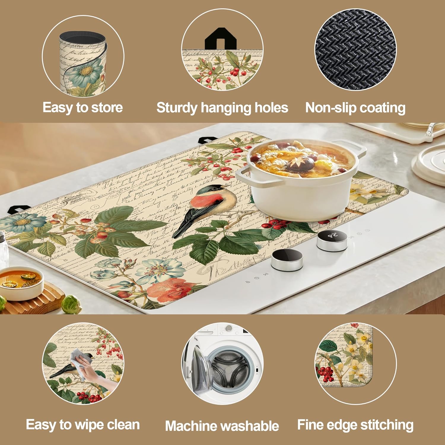 Stove Top Covers for Electric Stove,Vintage Bird Flower Floral Glass Top Cover Non-Stick Kitchen Pad for Gas Cooktop Washable Countertop Protector Mat Keep Stove Clean 28.5×20.5 in - Image 5