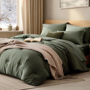 WRENSONGE Queen Comforter Set- 7 Pieces Soft Olive Green Bed in a Bag with Fitted Sheet, Flat Sheet, 2 Pillow Shams, and 2 Pillowcases- Warm Bedding Sets Queen for All Season
