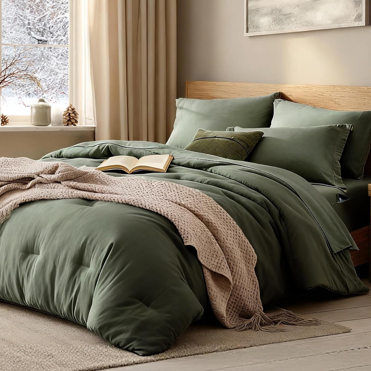 WRENSONGE Queen Comforter Set- 7 Pieces Soft Olive Green Bed in a Bag with Fitted Sheet, Flat Sheet, 2 Pillow Shams, and 2 Pillowcases- Warm Bedding Sets Queen for All Season