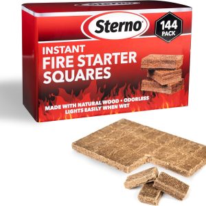 Sterno Instant Fire Starter Squares, 144 Count — Made with Natural Wood, Odorless, Lights Instantly Even When Wet, Indoor/Outdoor