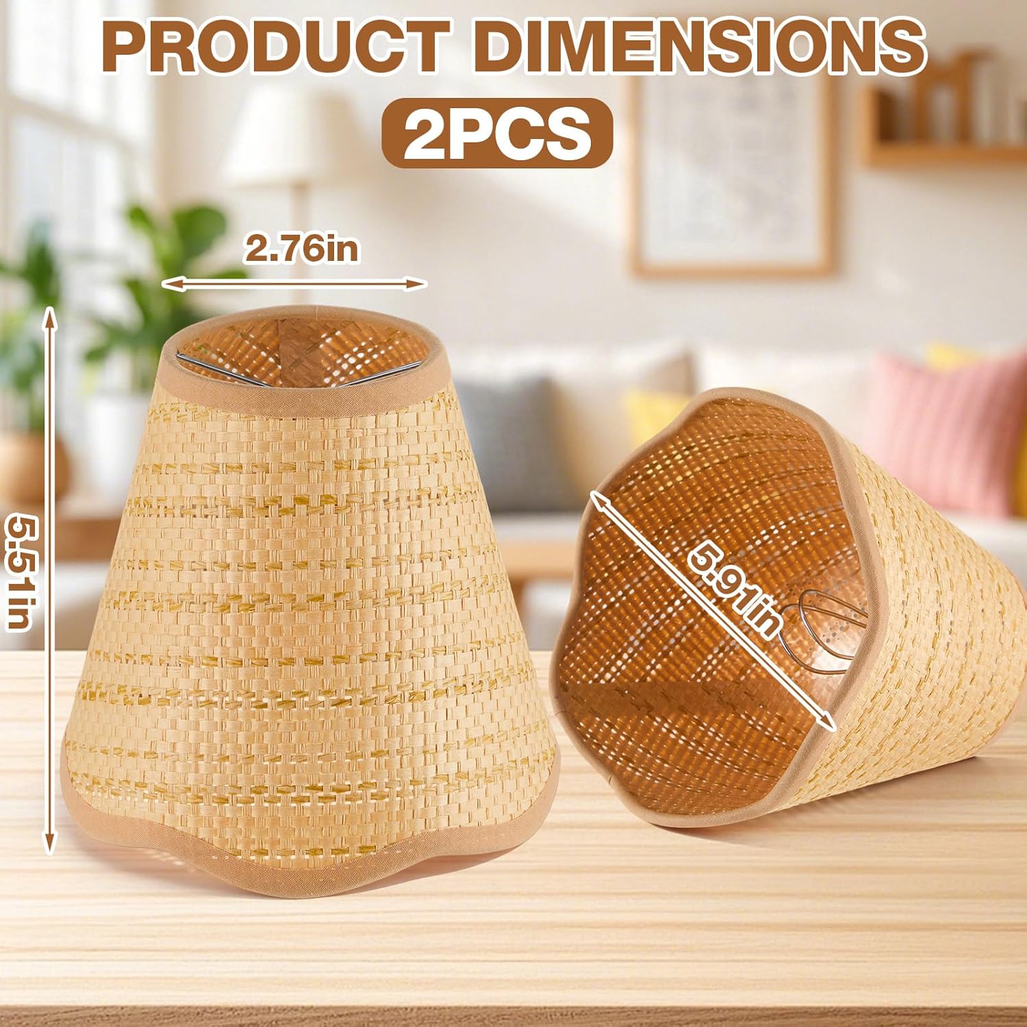 2 Pcs Chandelier Lamps Shade Small Scalloped Lampshade Rattan 3" Top x 6" Bottom x 5-1/4" Slant Height Empire Brown Woven Lamp Shade Clip on Chandelier Candle Wall Sconce Accent Lamp(Boho) - Image 2