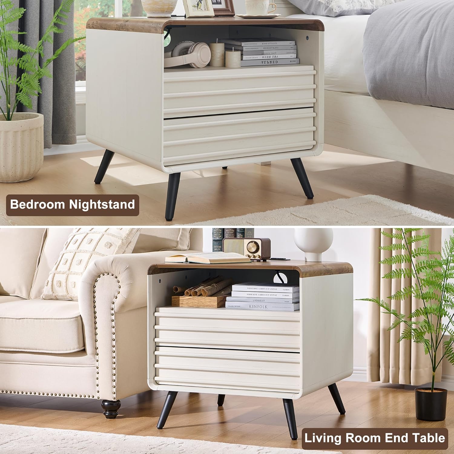 RedLemon 24" Nightstand with Charger Station, Mid Century Modern Fluted End Table with 2 Drawers, Wooden Side Table with Open Cubby Storage for Living Room, Bedroom, Office (Antuique White) - Image 7