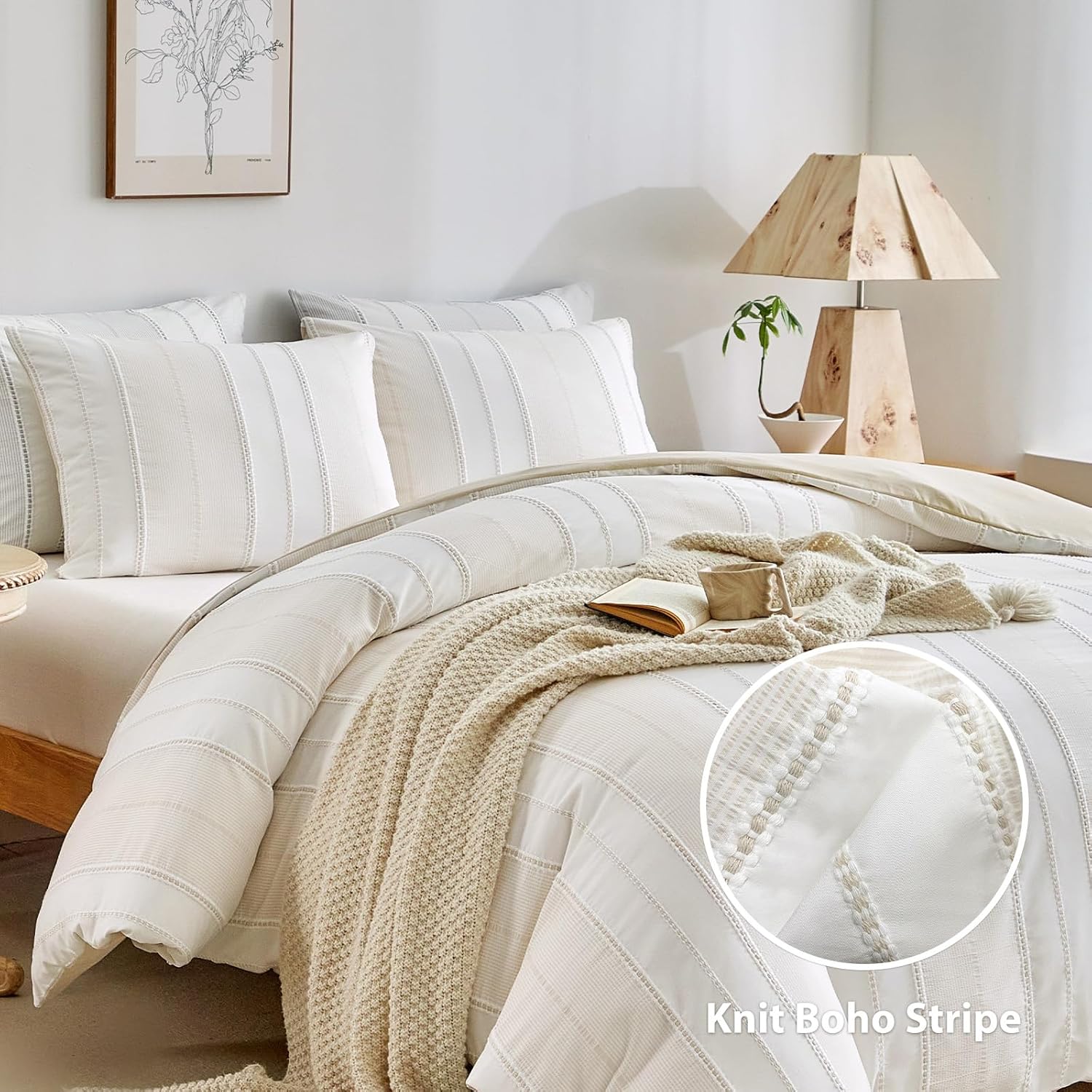 WARMDERN Khaki Striped Weave Duvet Cover Queen Size, White Knit Boho Duvet Cover Set, Microfiber Textured Bedding Set with Zipper Closure and Corner Ties (Khaki, Queen) - Image 2