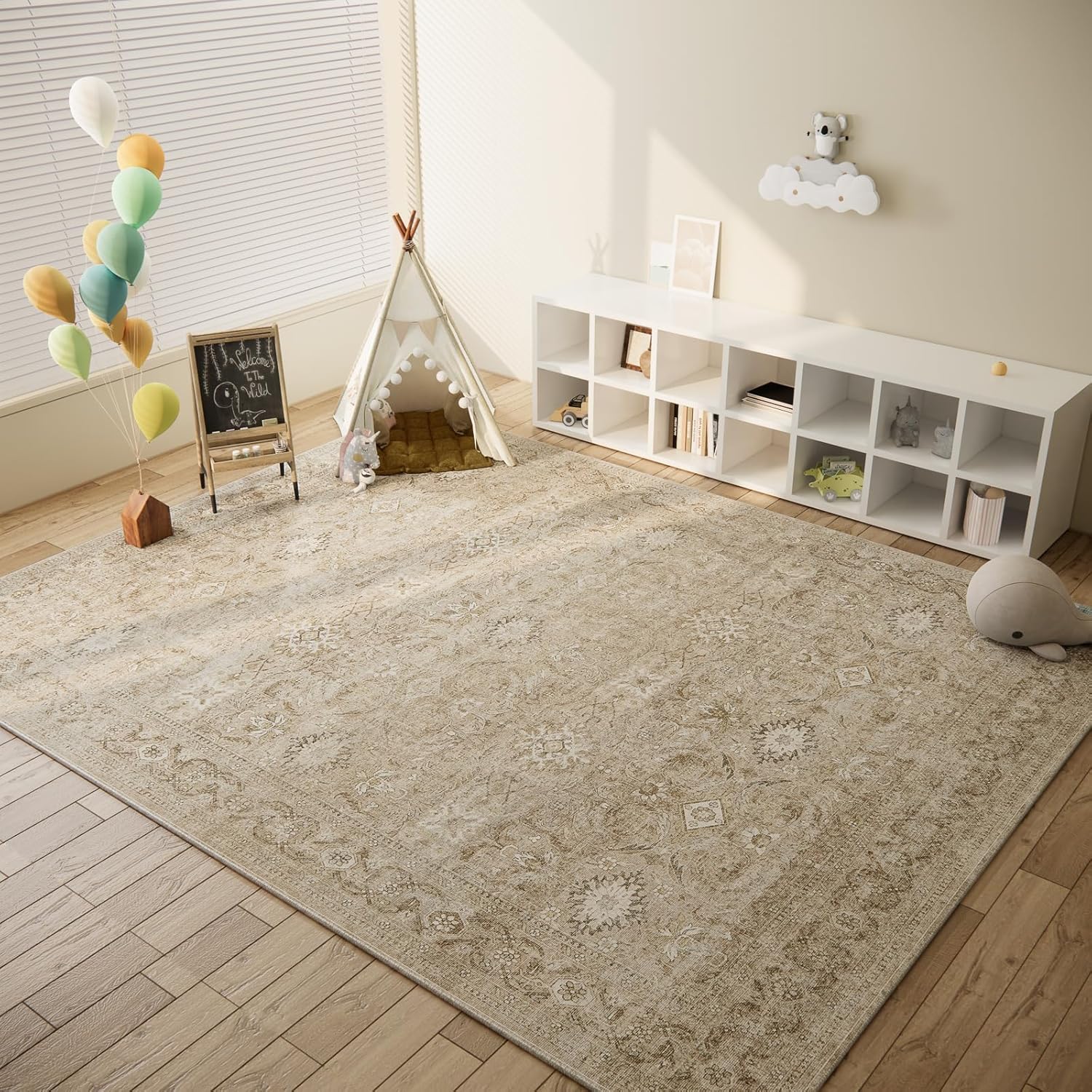 Washable Area Rug: 8'x10' Large Stain Resistant Distressed Vintage Boho Non Slip Low Pile Faux Wool Soft Rug for Bedroom, Kitchen, Dining Room, Nursery, Playroom - Image 6